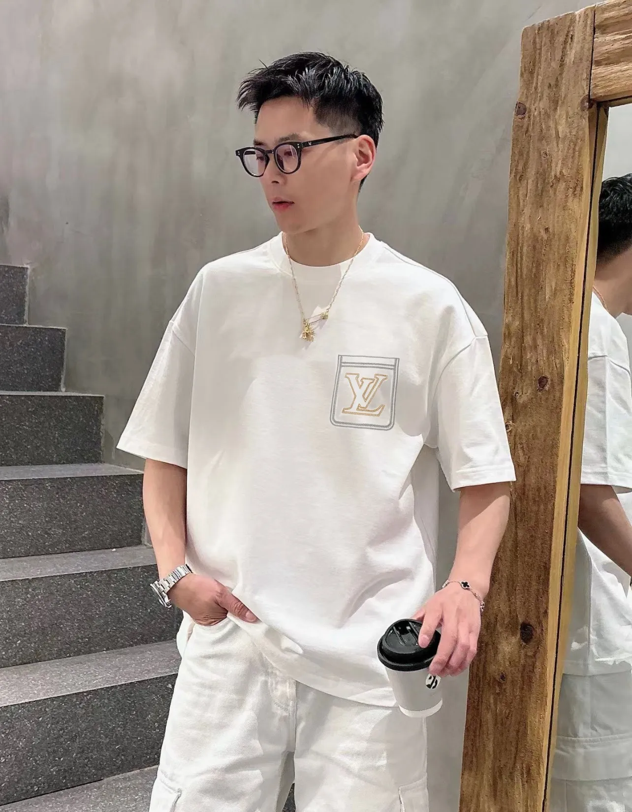 Louis Vuitton/Louis Vuitton 25ss line fake pocket embroidered short sleeves